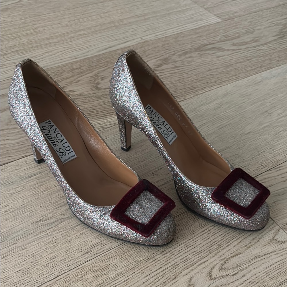 Silver and Red Glitter Heels with Square Buckle